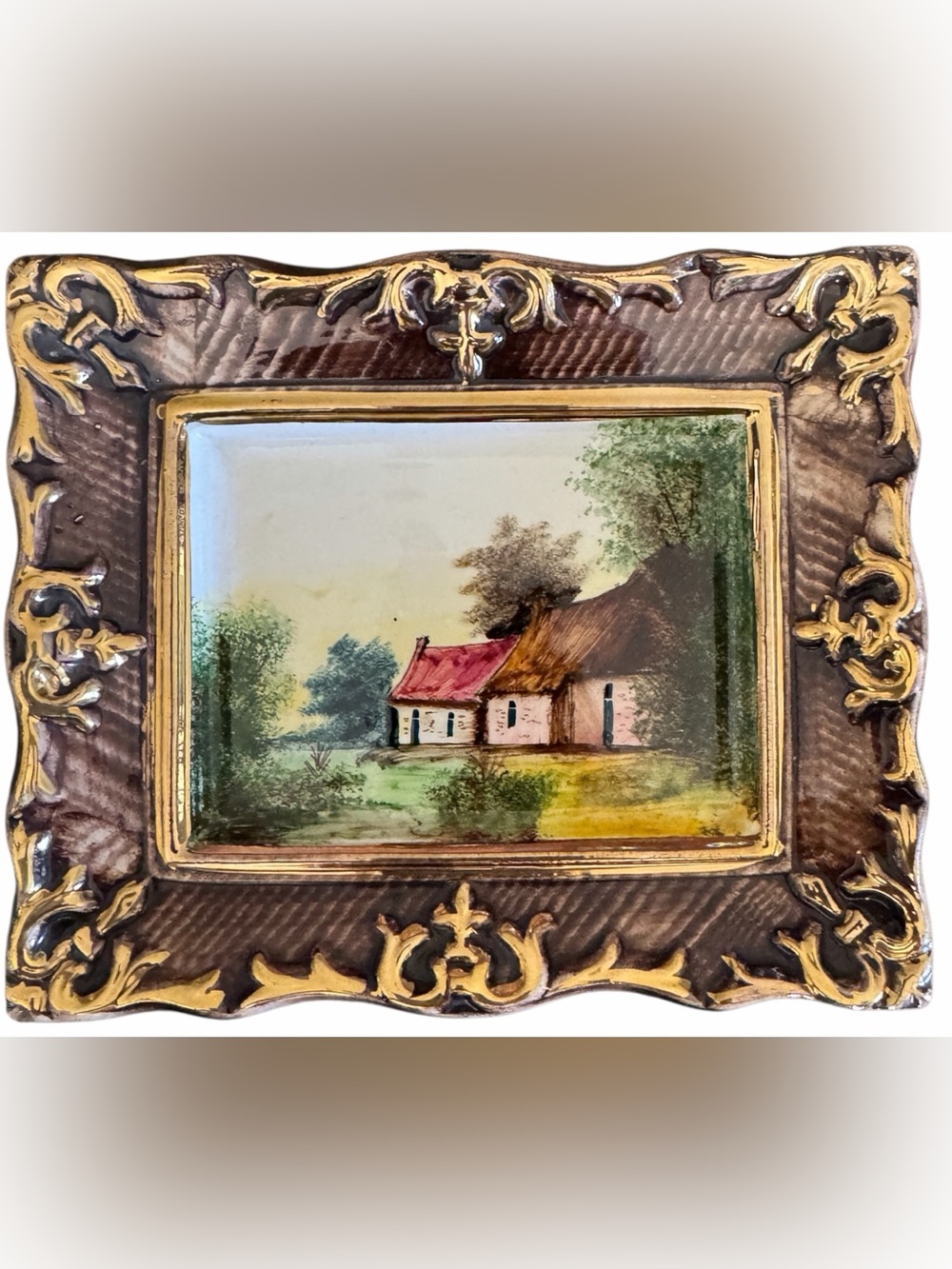 Vintage Hand Painted Belgian Ceramic Wall Plaque Cottage Scene Faux Bois Frame